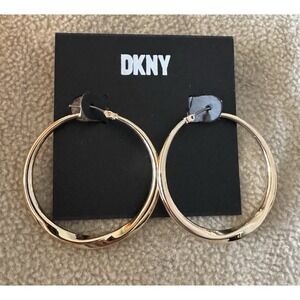 DKNY‎ Gold Tone Thin Twisted 50mm Hoop Earrings $42 New